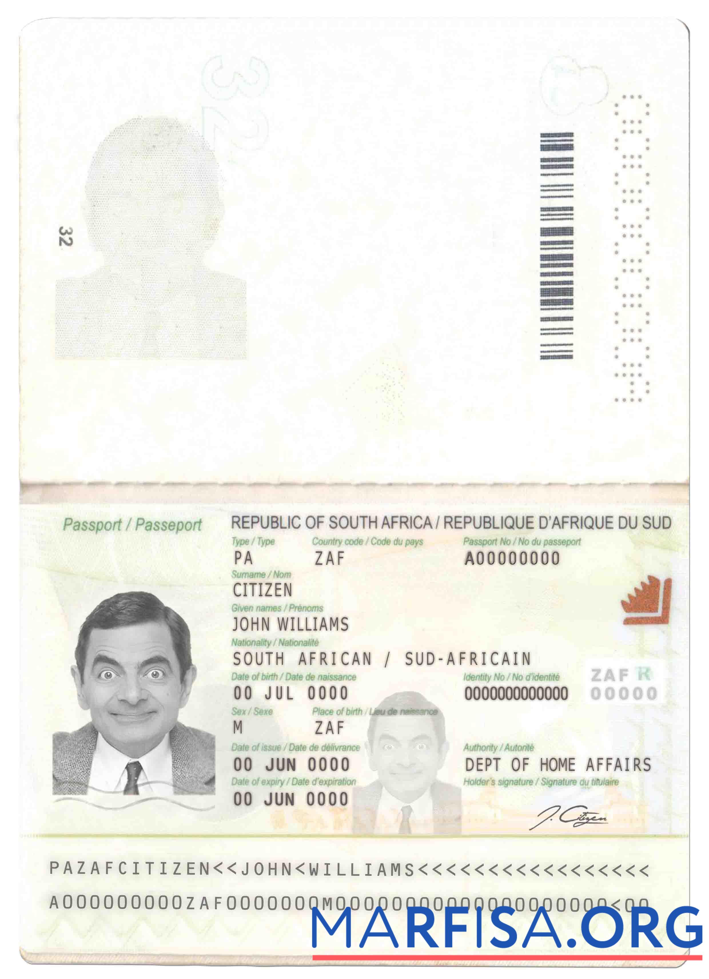 Realistic South Africa passport (2009 – present) sample